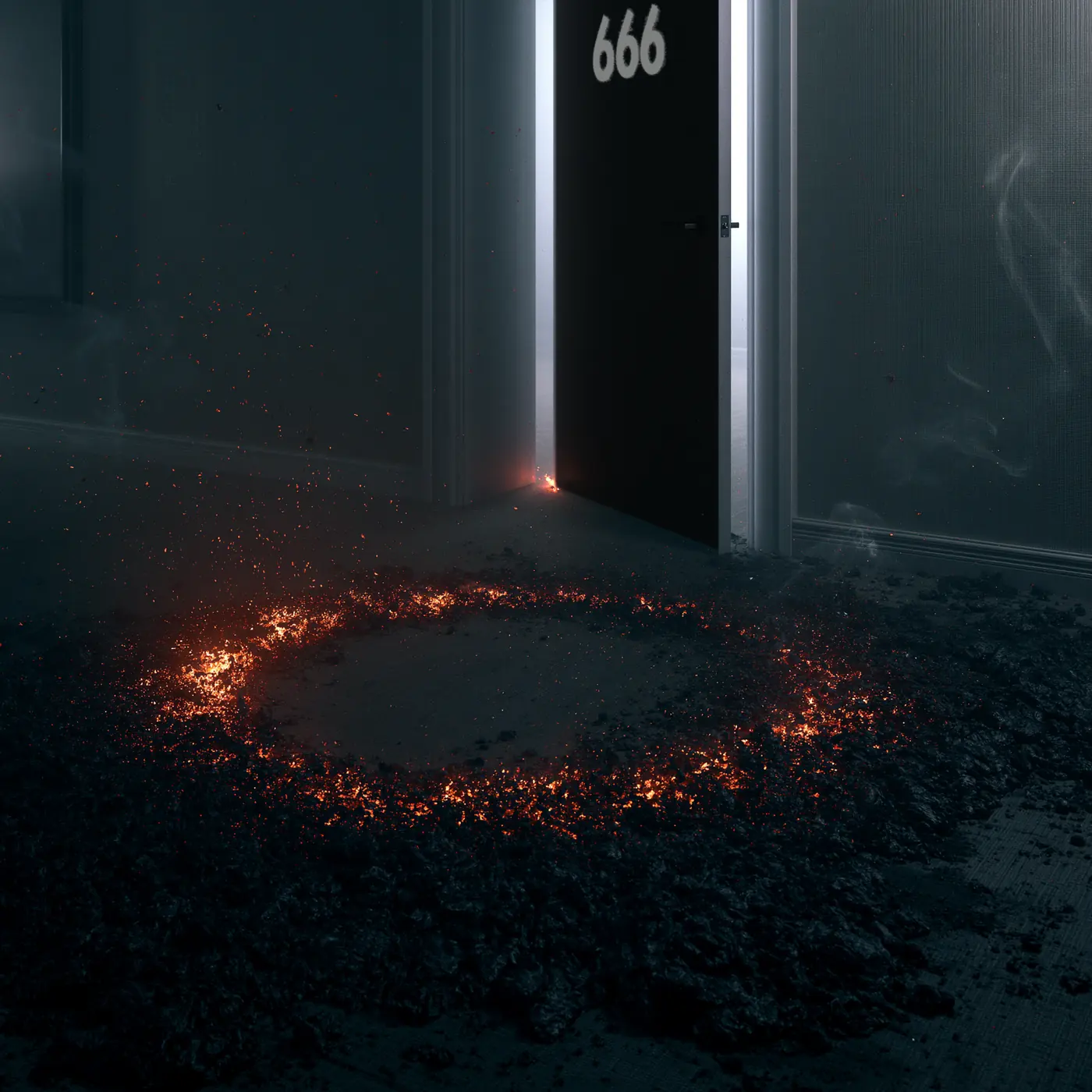 The door of room 666, half open, a ring of embers on the floor