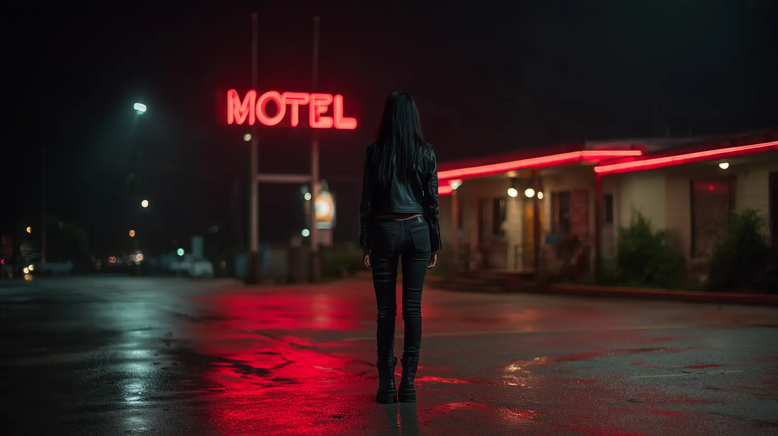 A motel sign in the rain at night