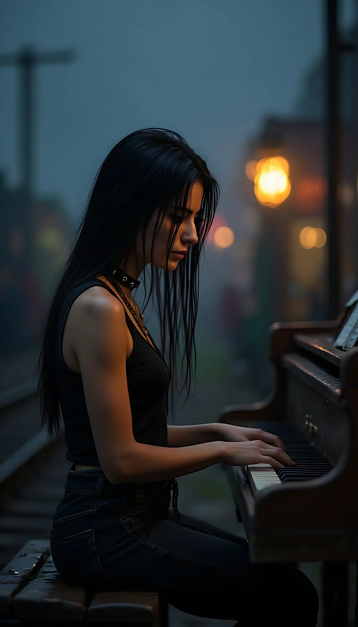 Ginevra playing an upright piano on a foggy railway platform at dusk